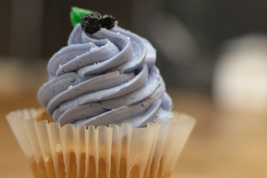 Our homemade blueberry cupcake!  It is topped with dried blueberries and fresh blueberries that are generously spread about in the cake itself.  A fluffy icing stacked high completes this must-have treat!